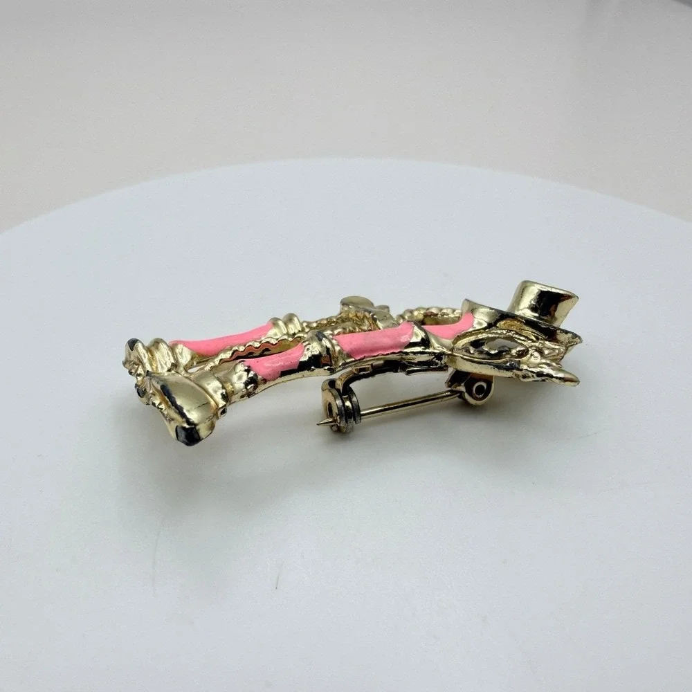 Vintage Gold-Toned Pink Enamel Candlestick Phone Classic Retro Brooch Pin‎ Boho